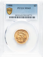 1888 $3 Three Dollar Gold Pieces PCGS MS65