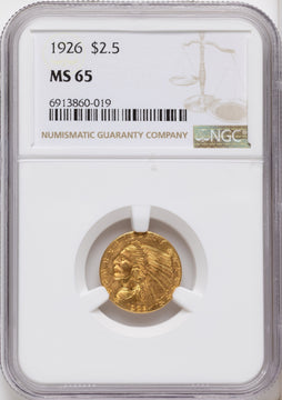 1926 $2.50 Brown Label Indian Quarter Eagle NGC MS65