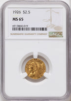 1926 $2.50 Brown Label Indian Quarter Eagle NGC MS65