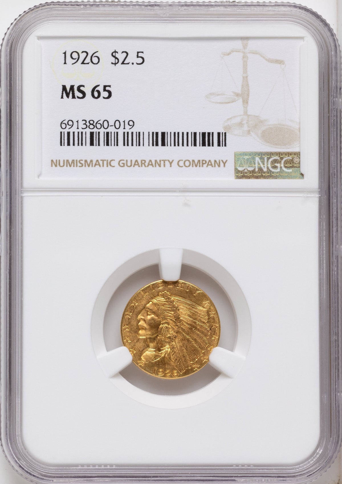 1926 $2.50 Brown Label Indian Quarter Eagle NGC MS65