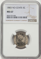 1883 5C NO CENTS Liberty Nickel NGC MS67