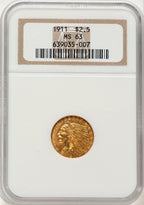 1911 $2.50 Indian Quarter Eagle NGC MS63