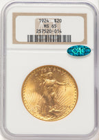 1924 $20 Saint CAC Saint-Gaudens Double Eagle NGC MS65