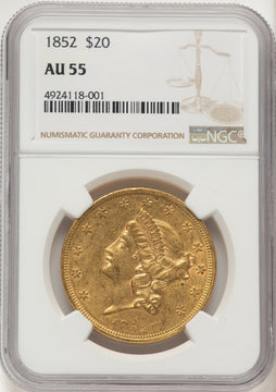 1852 $20 Brown Label Liberty Double Eagle NGC AU55