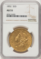 1852 $20 Brown Label Liberty Double Eagle NGC AU55