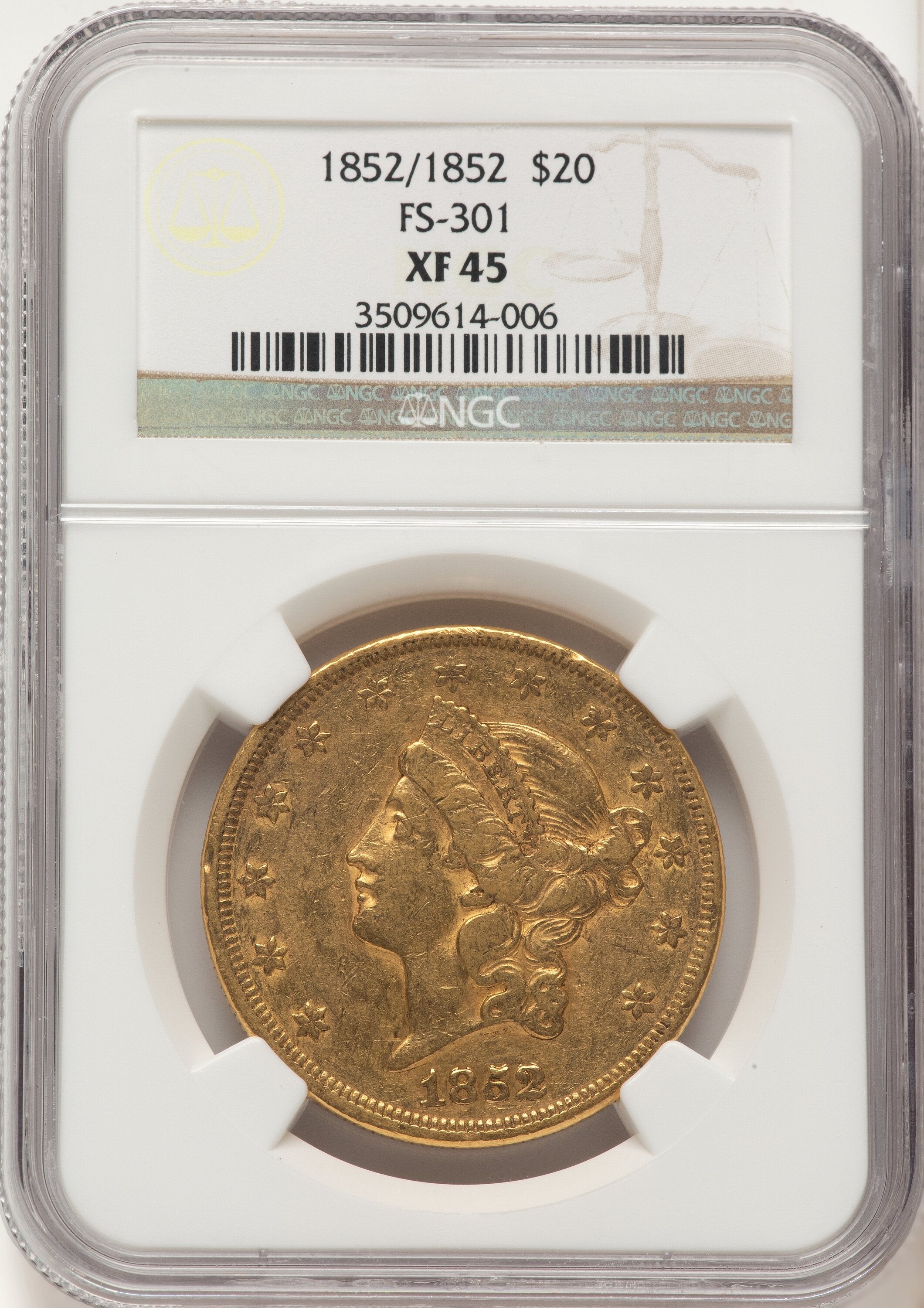 1852 $20 FS-301 Brown Label Liberty Double Eagle NGC XF45 | LCR Coin