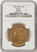 1852 $20 FS-301 Brown Label Liberty Double Eagle NGC XF45