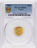 1854 G$1 Type Two Gold Dollar PCGS MS63