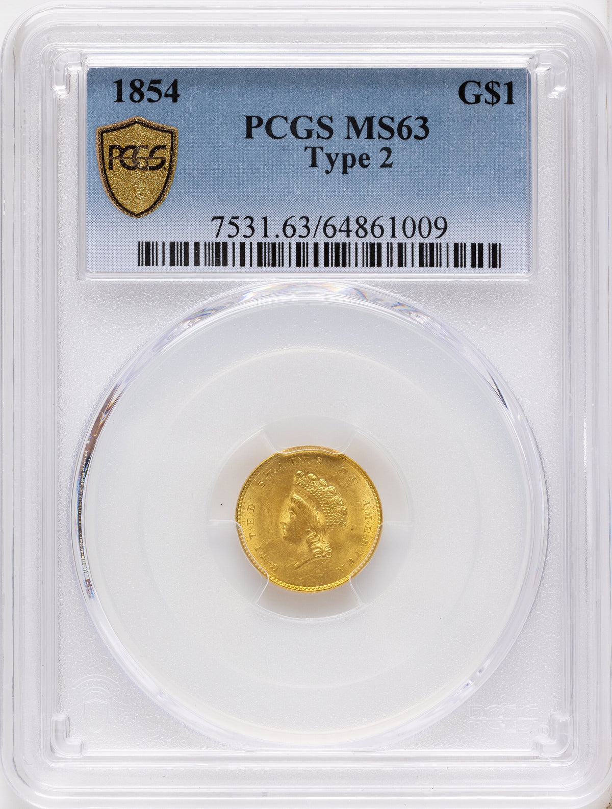 1854 G$1 Type Two Gold Dollar PCGS MS63