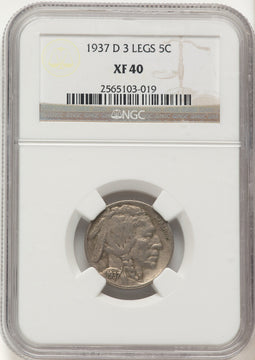 1937-D 5C Three-Legged FS-901 Buffalo Nickel NGC XF40