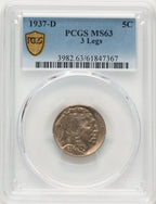 1937-D 5C Three-Legged Buffalo Nickel PCGS MS63
