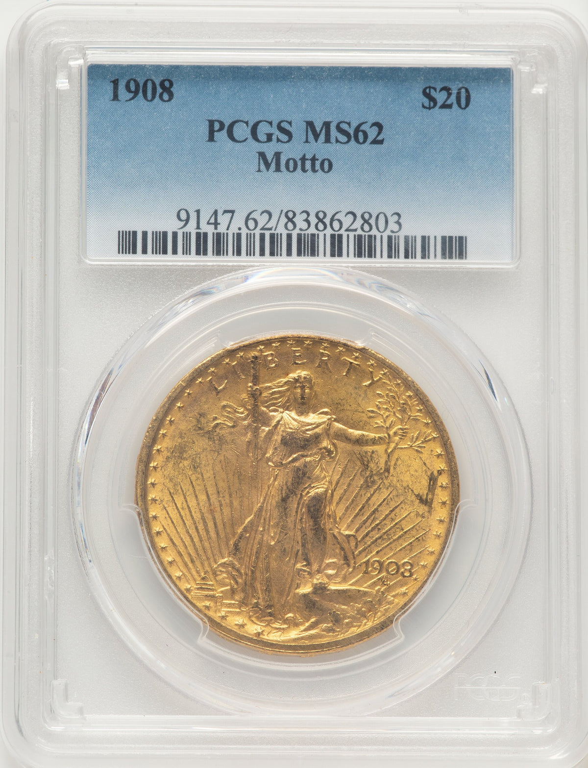 1908 $20 MOTTO Saint-Gaudens Double Eagle PCGS MS62