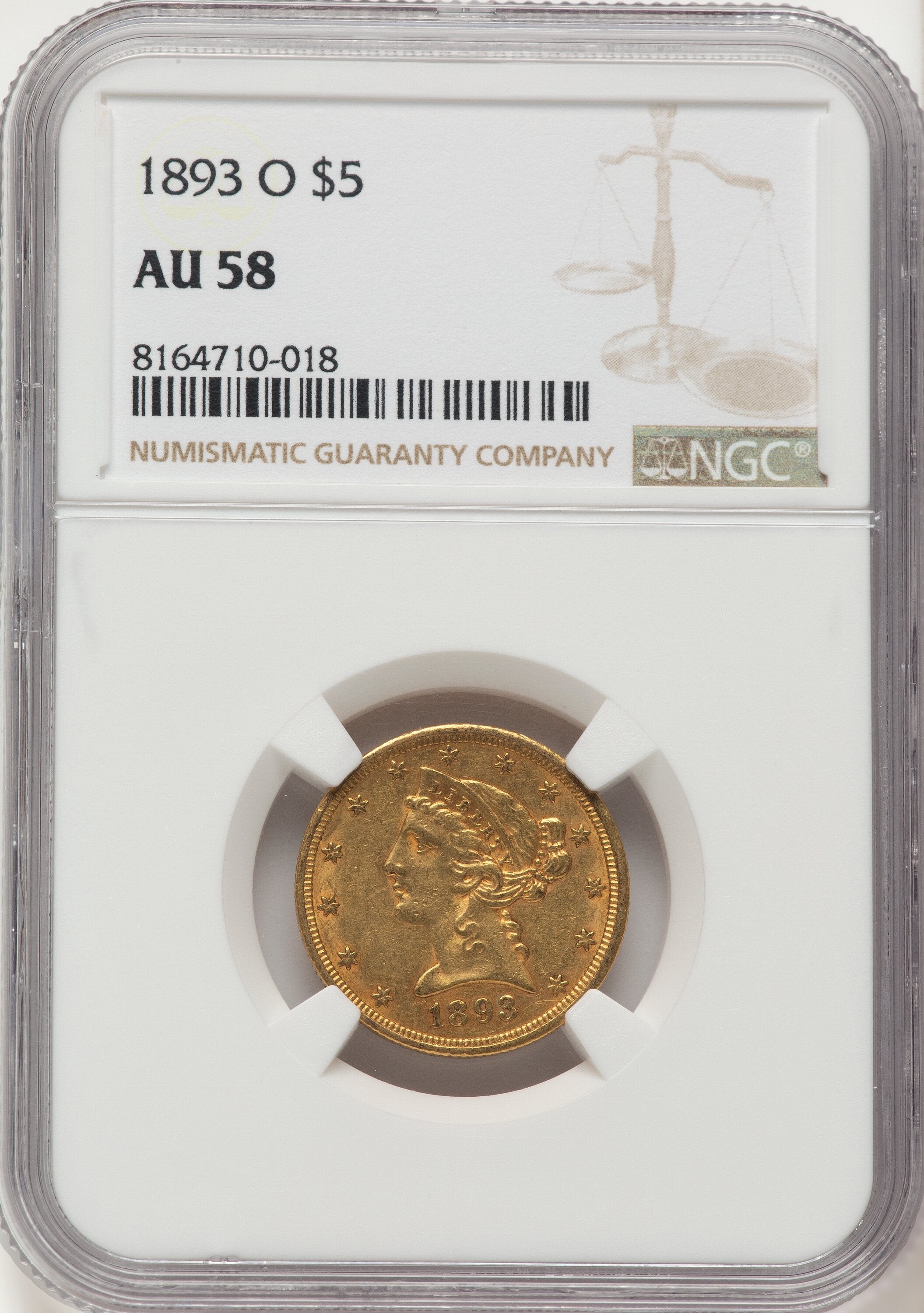 1893-O $5 Liberty Half Eagle NGC AU58