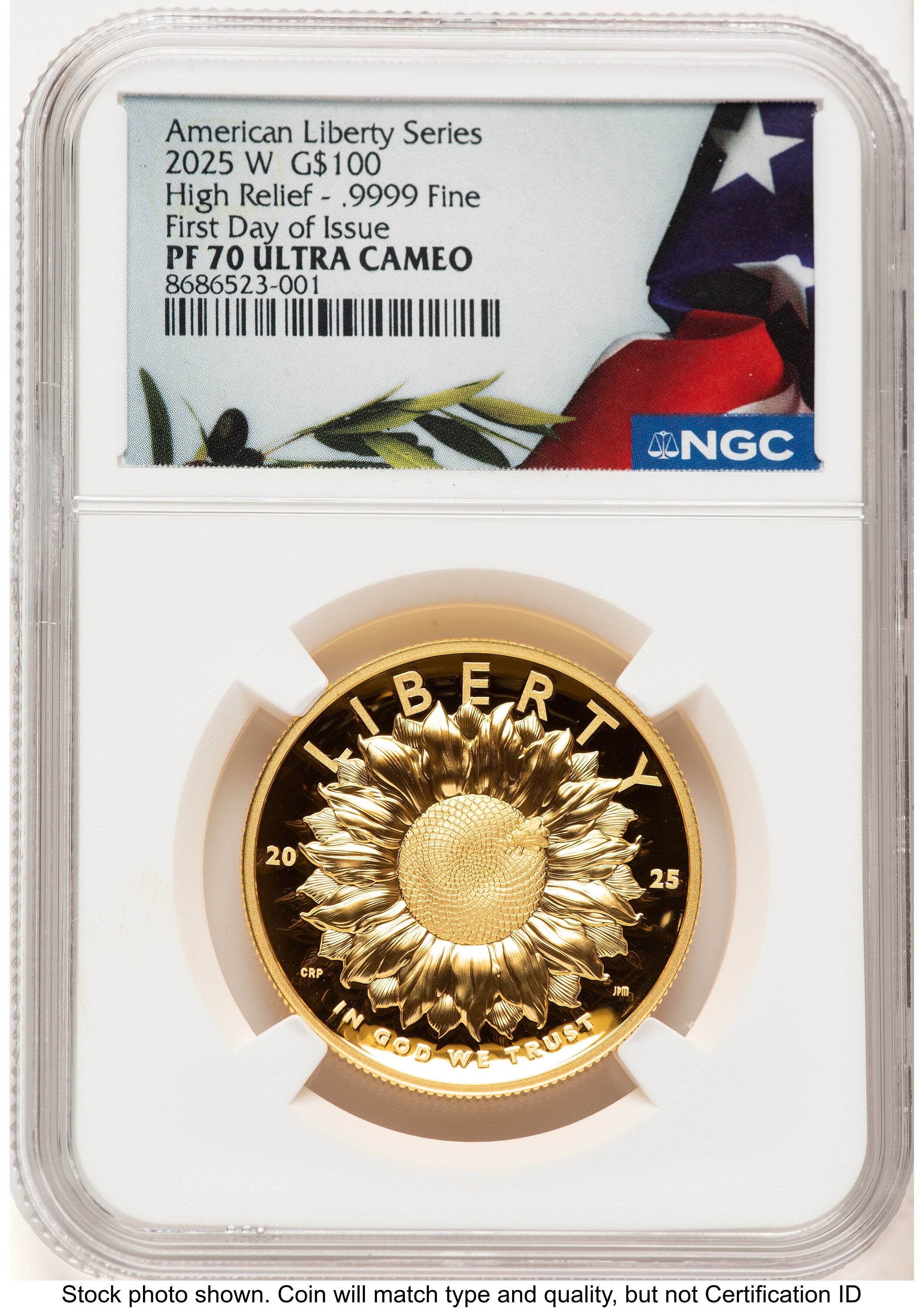 2025-W G$100 American Liberty High Relief FDI Bunting Flag NGC PF70