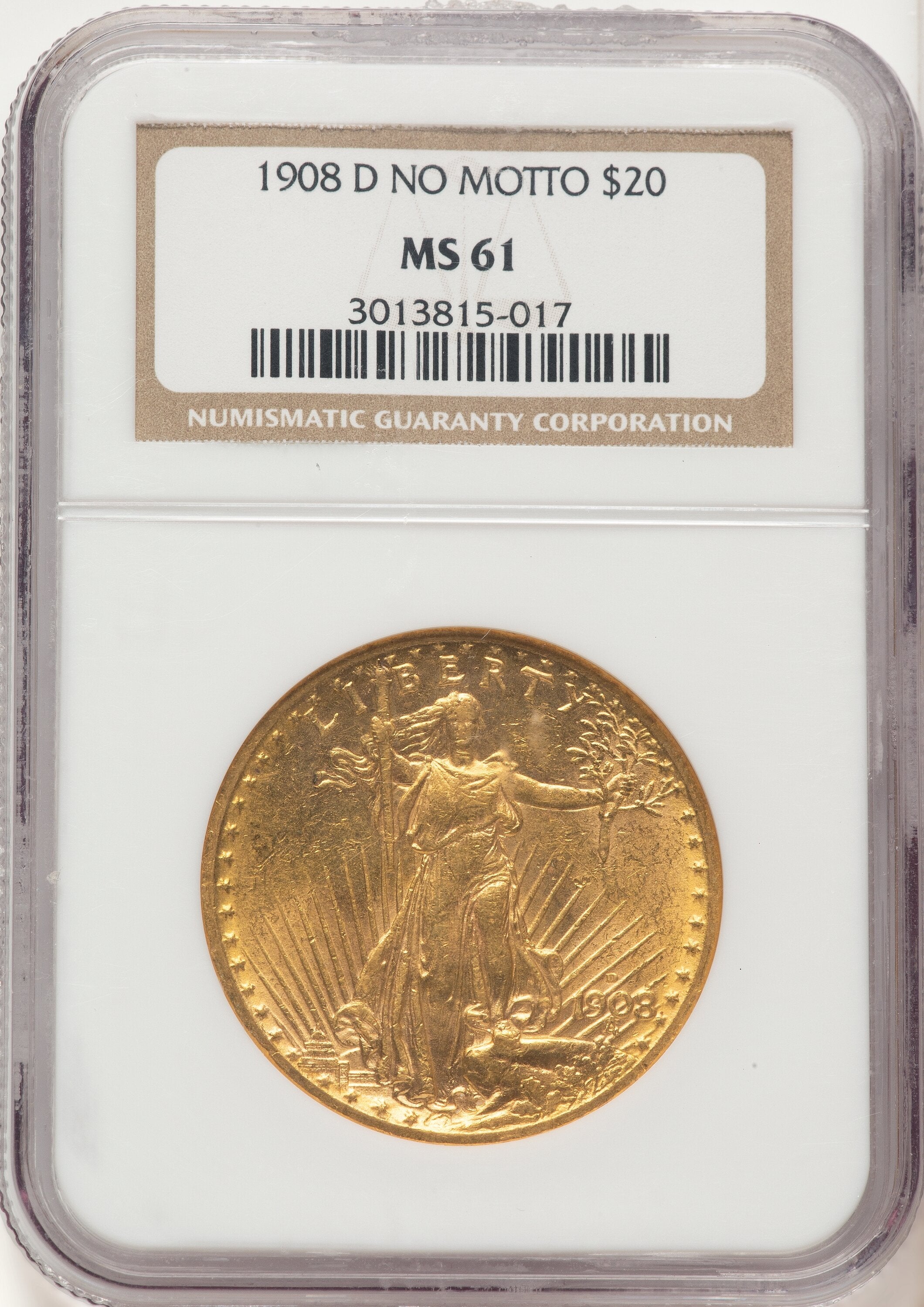 1908-D $20 NO MOTTO Saint-Gaudens Double Eagle NGC MS61 | LCR Coin