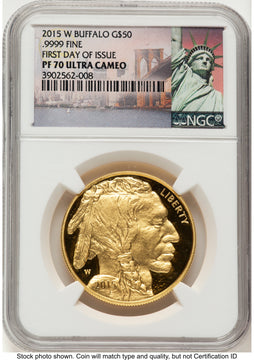 2015-W Proof Gold Buffalo 1 oz 1.00 oz FDI Statue of Liberty Label NGC PF70