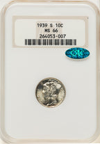 1939-S 10C CAC Mercury Dime NGC MS66