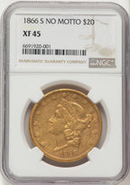 1866-S $20 NO MOTTO Liberty Double Eagle NGC XF45