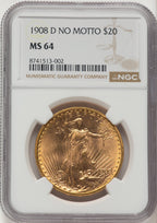1908-D $20 NO MOTTO Brown Label Saint-Gaudens Double Eagle NGC MS64