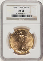 1908-D $20 MOTTO Saint-Gaudens Double Eagle NGC MS61