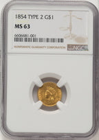 1854 G$1 Type Two Gold Dollar NGC MS63