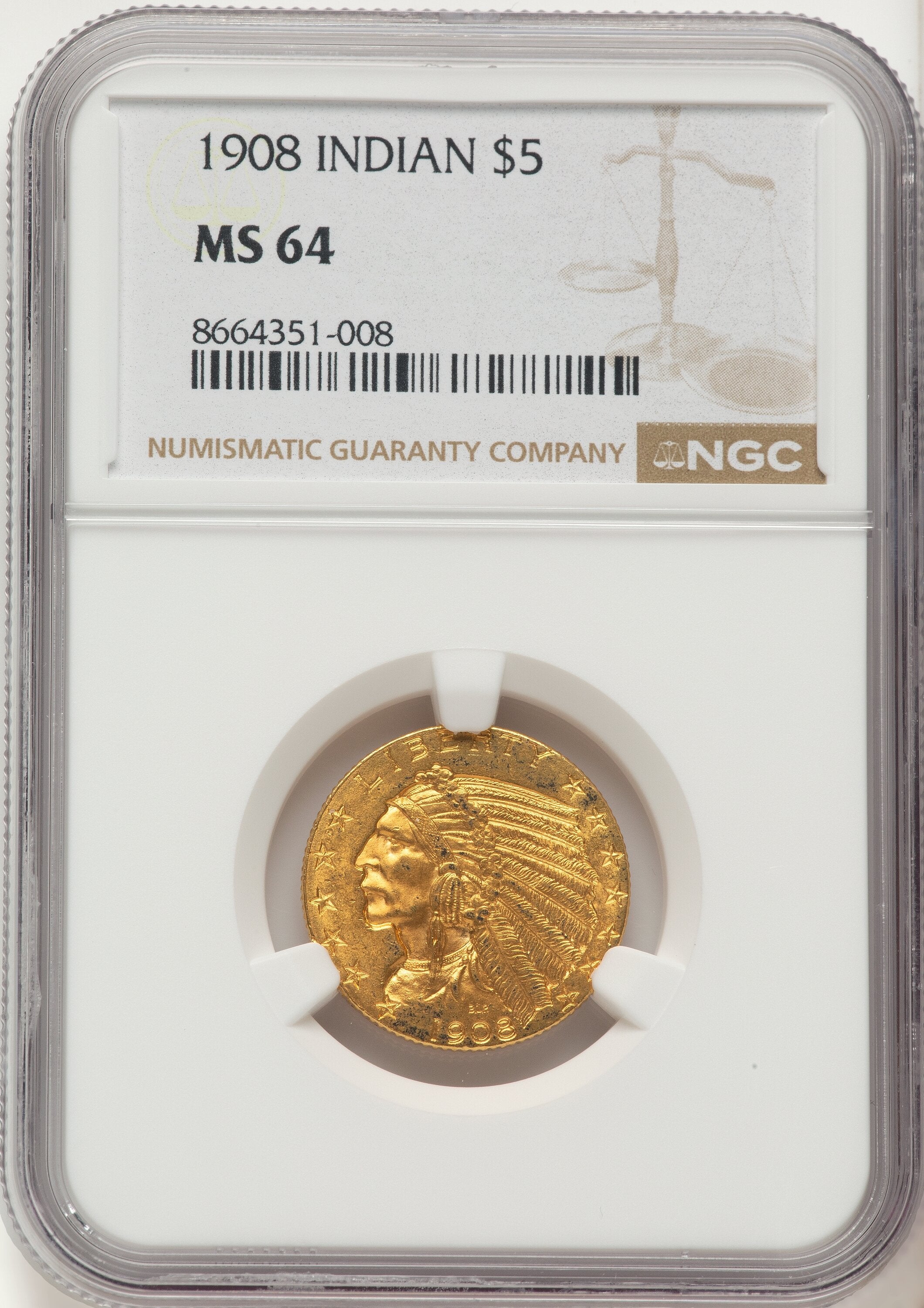 1908 $5 Indian Half Eagle NGC MS64