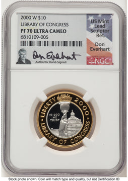 2000-W $10 Library of Congress Bi-Metallic Gold 0.2509 oz and Platinum 0.2509 oz Don Everhart Modern Issues NGC MS70