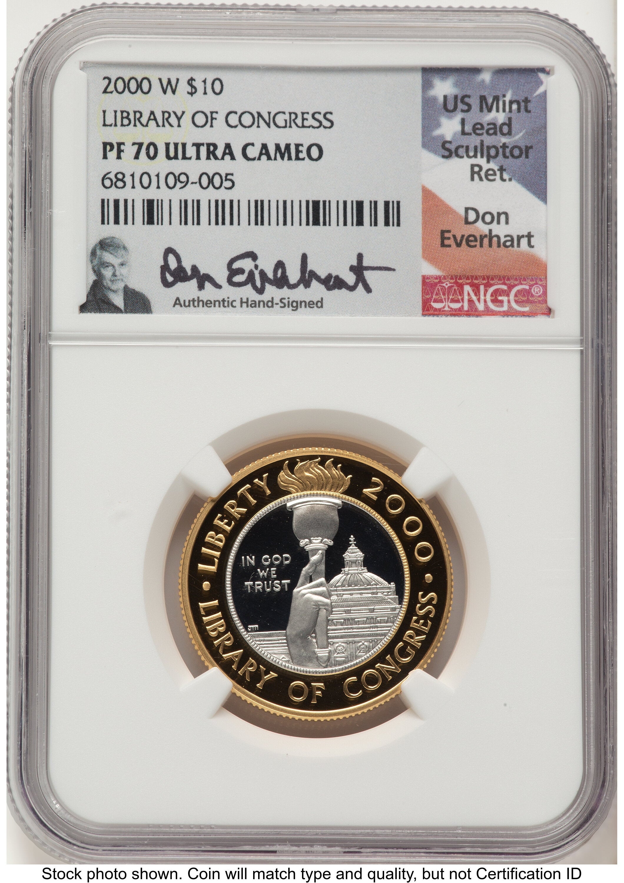 2000-W $10 Library of Congress Bi-Metallic Gold 0.2509 oz and Platinum 0.2509 oz Don Everhart Modern Issues NGC MS70
