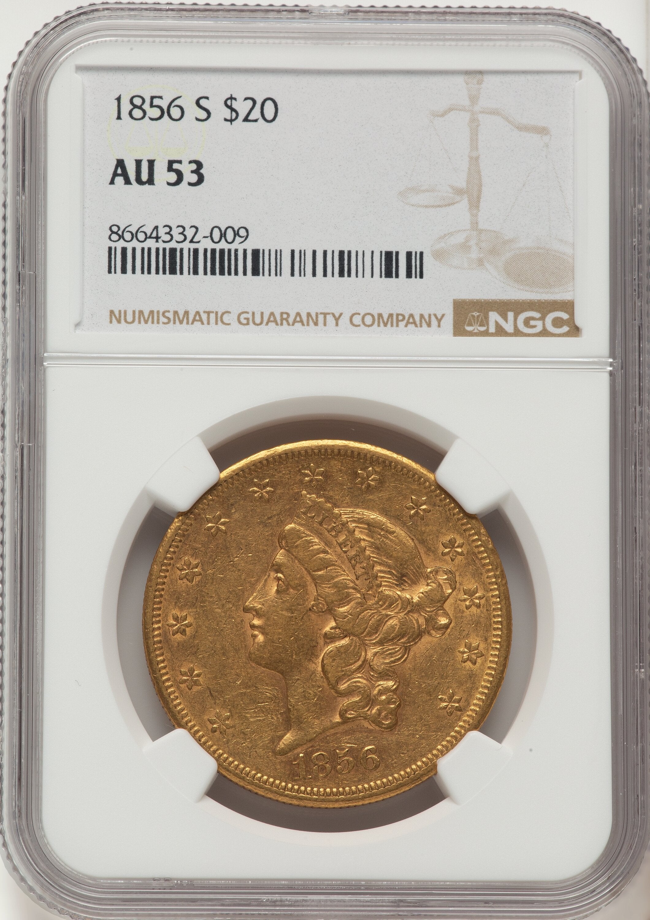 1856-S $20 Liberty Double Eagle NGC AU53