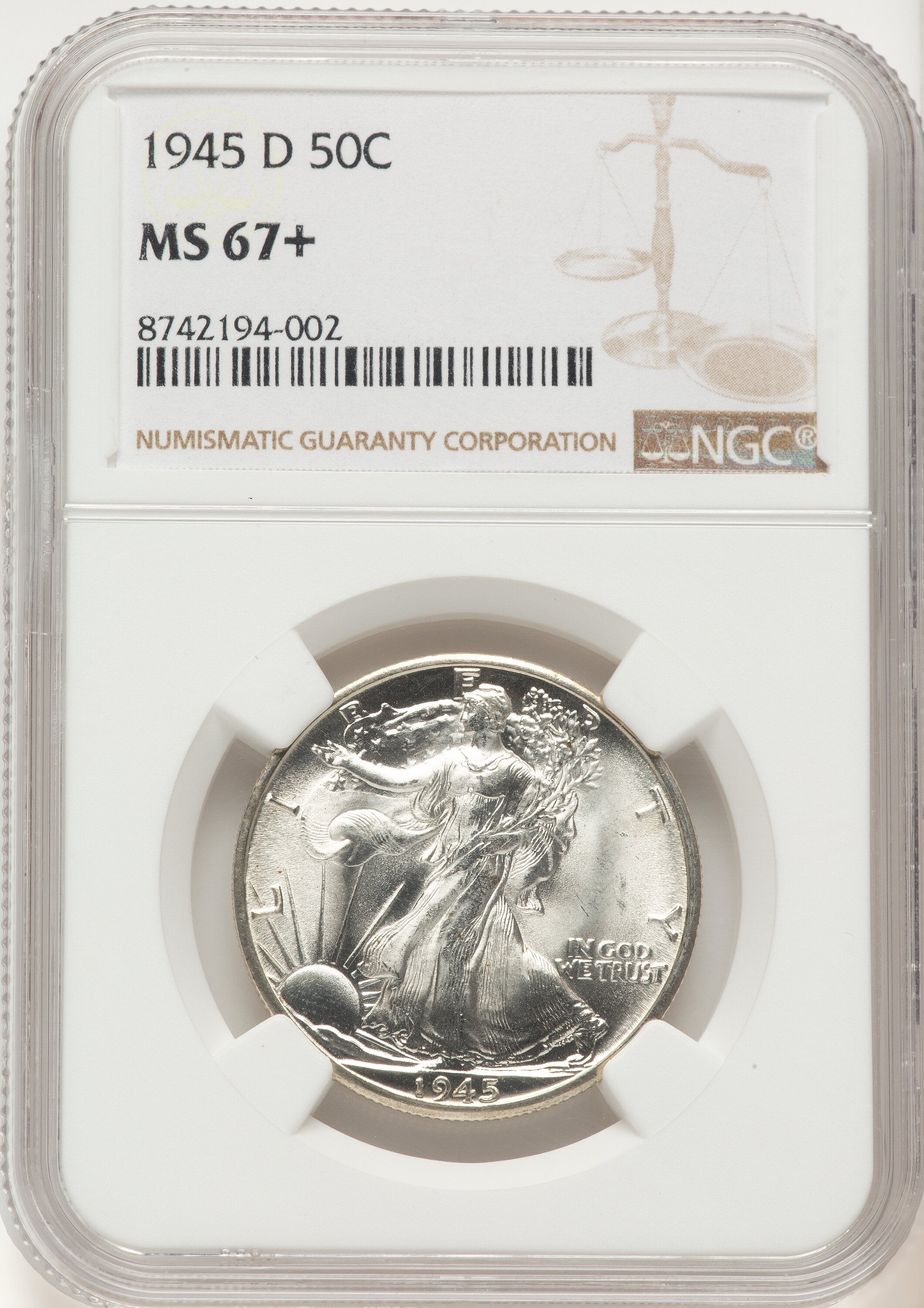 1945-D 50C Walking Liberty Half Dollar NGC MS67+