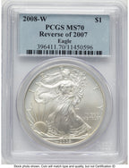 2008-W Reverse of 2007 Burnished Silver Eagle 1 oz Blue Label PCGS MS70