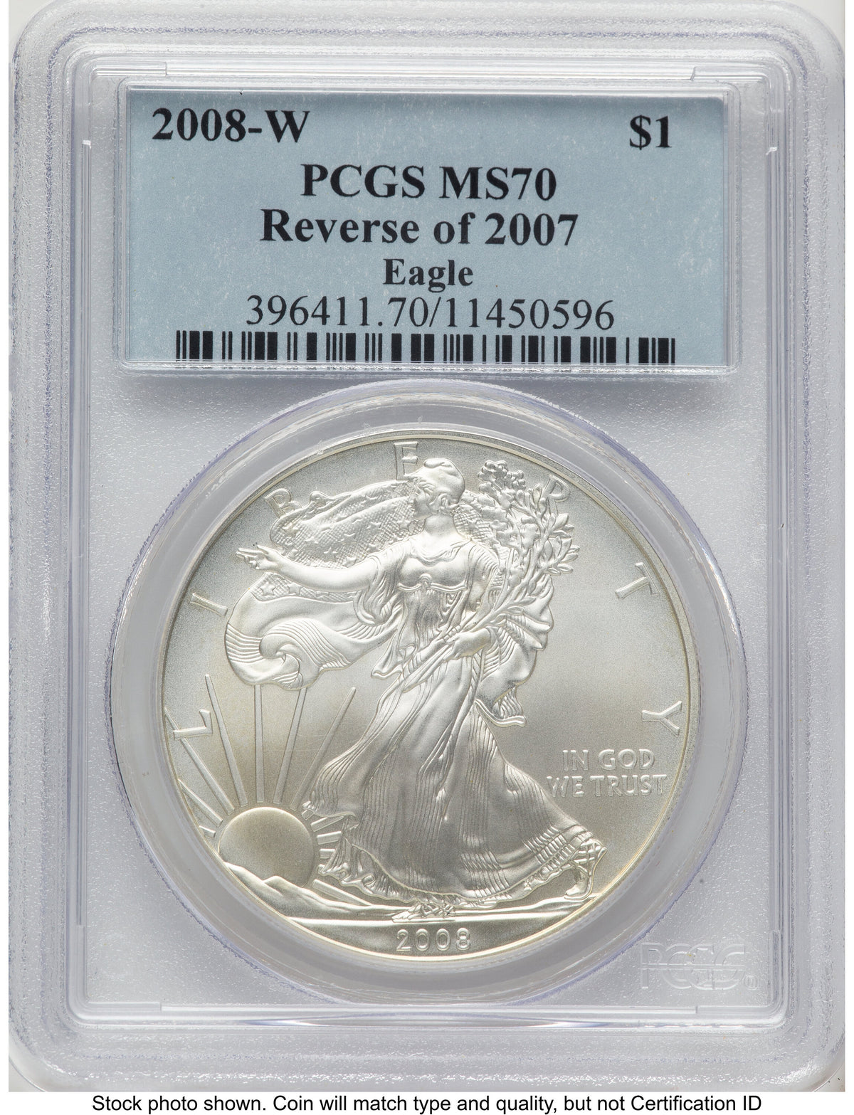 2008-W Reverse of 2007 Burnished Silver Eagle 1 oz Blue Label PCGS MS70