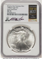 1986-(S) Silver Eagle Early Production Miles Standish Coin World's Top 10 Most Influential Label NGC MS70