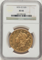 1876-CC $20 Brown Label Liberty Double Eagle NGC XF45
