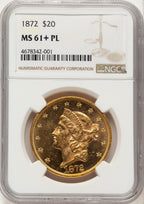 1872 $20 PL Brown Label Liberty Double Eagle NGC MS61+