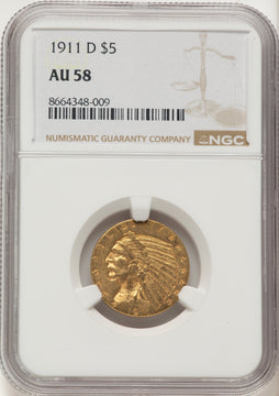 1911-D $5 Indian Half Eagle NGC AU58