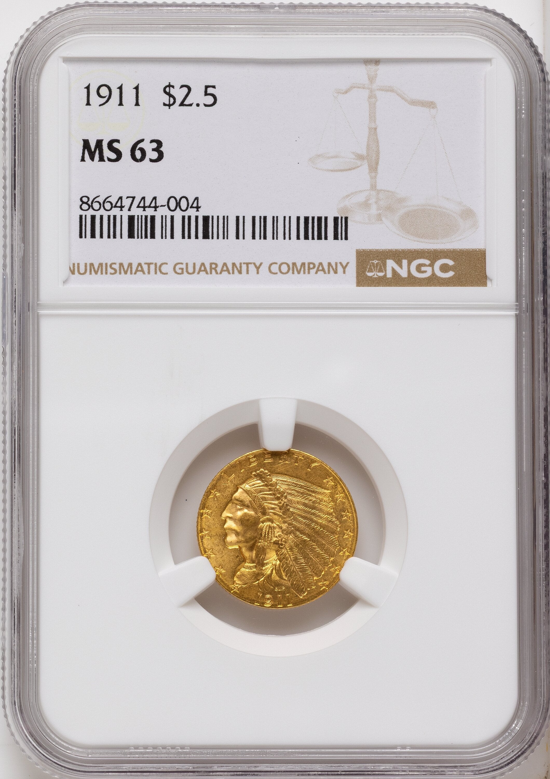 1911 $2.50 Indian Quarter Eagle NGC MS63