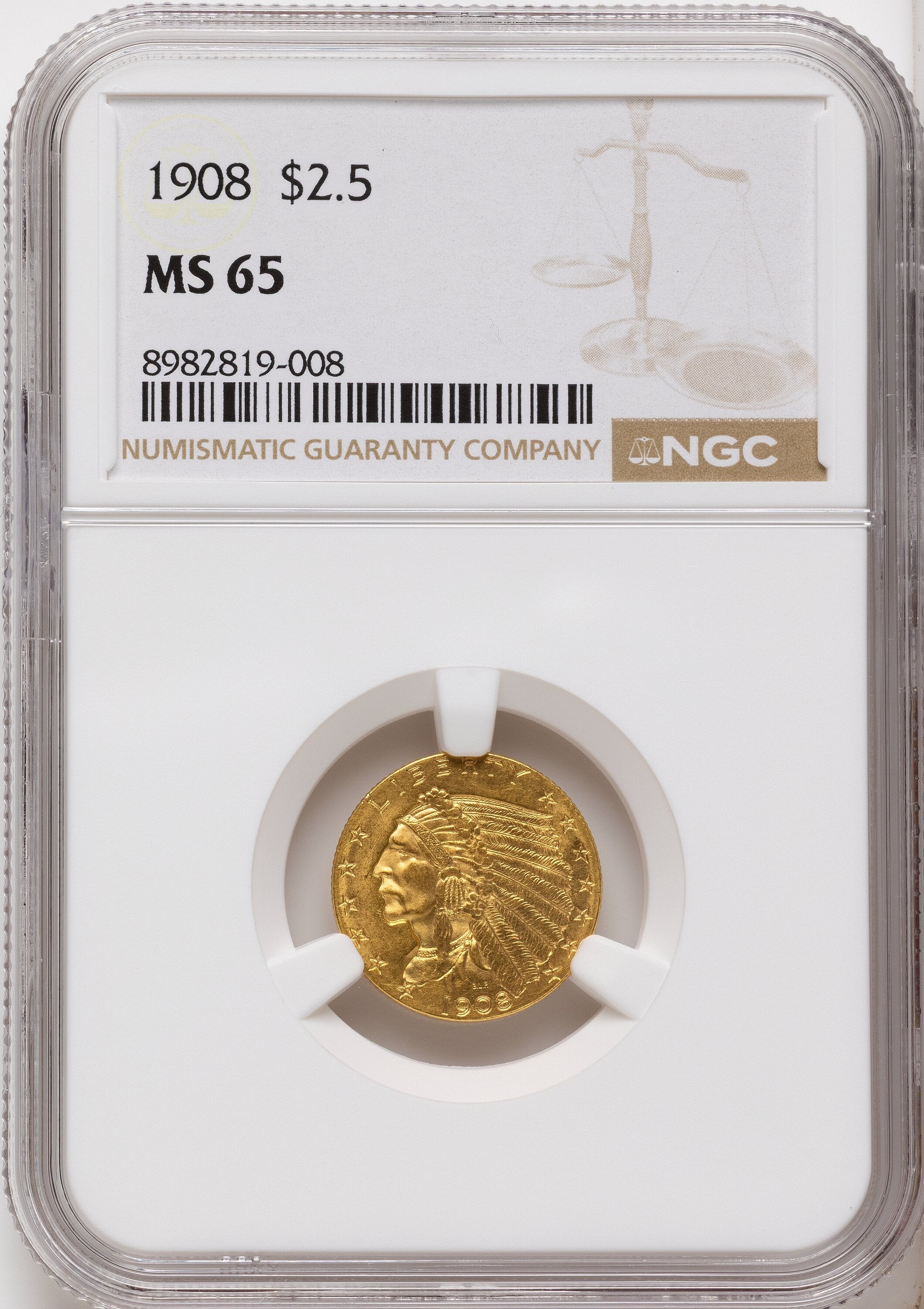 1908 $2.50 Indian Quarter Eagle NGC MS65