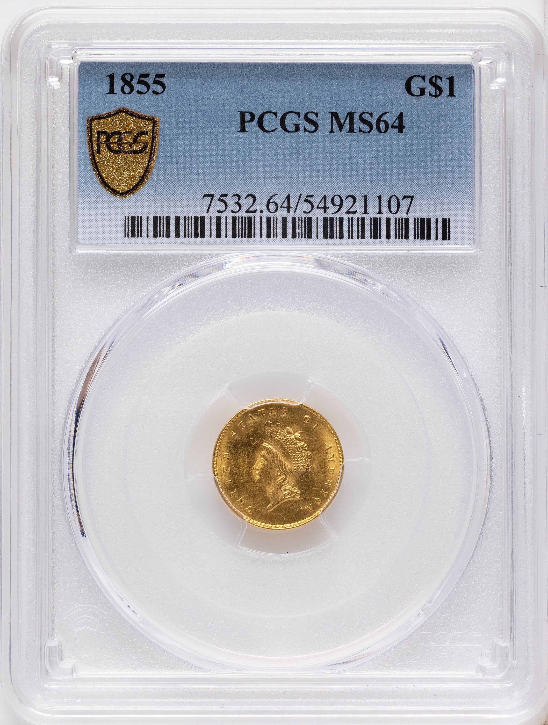 1855 G$1 Type Two Gold Dollar PCGS MS64