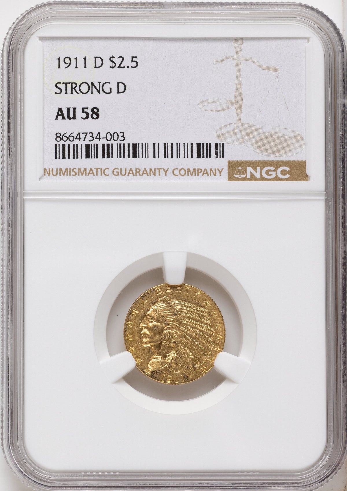 1911-D $2.50 Indian Quarter Eagle NGC AU58