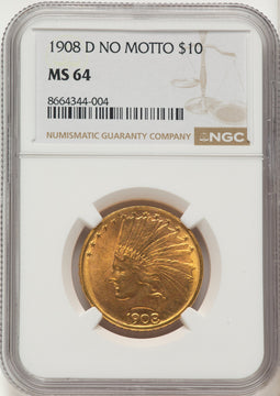 1908-D $10 NO MOTTO Indian Eagle NGC MS64