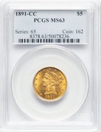 1891-CC $5 Liberty Half Eagle PCGS MS63