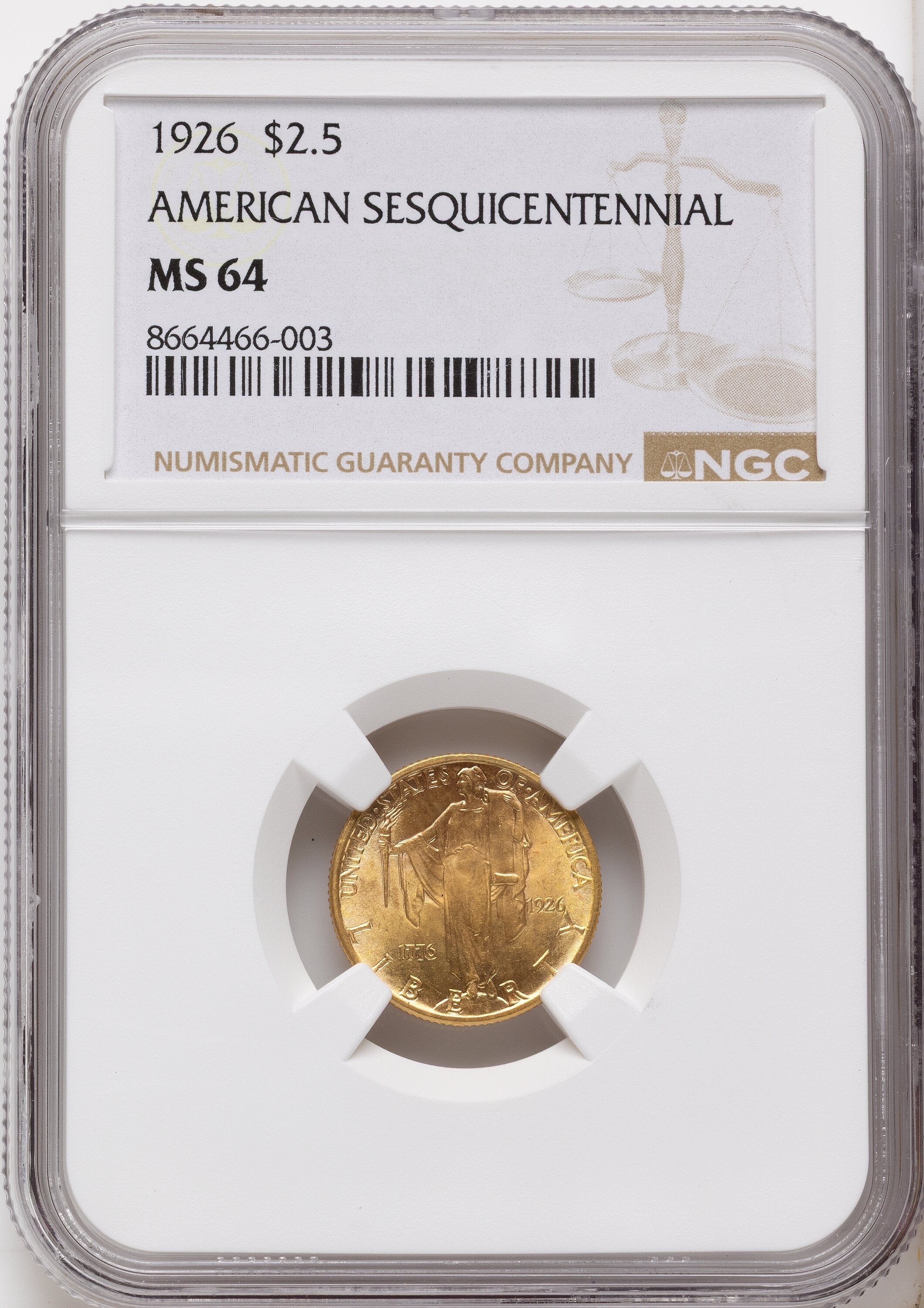 1926 $2.50 SESQUI Commemorative Gold NGC MS64