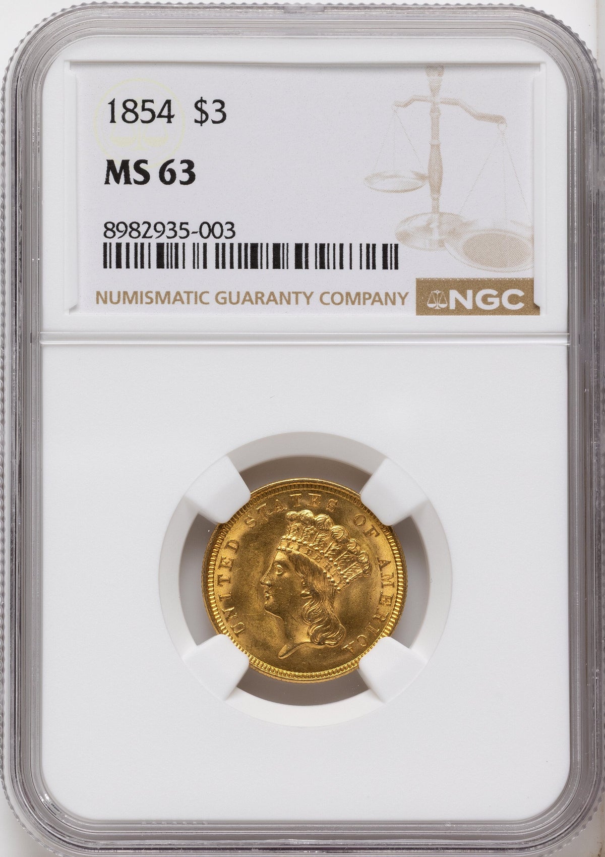 1854 $3 Three Dollar Gold Pieces NGC MS63
