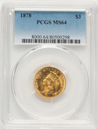1878 $3 Three Dollar Gold Pieces PCGS MS64