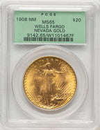1908 $20 NO MOTTO Saint-Gaudens Double Eagle PCGS MS65