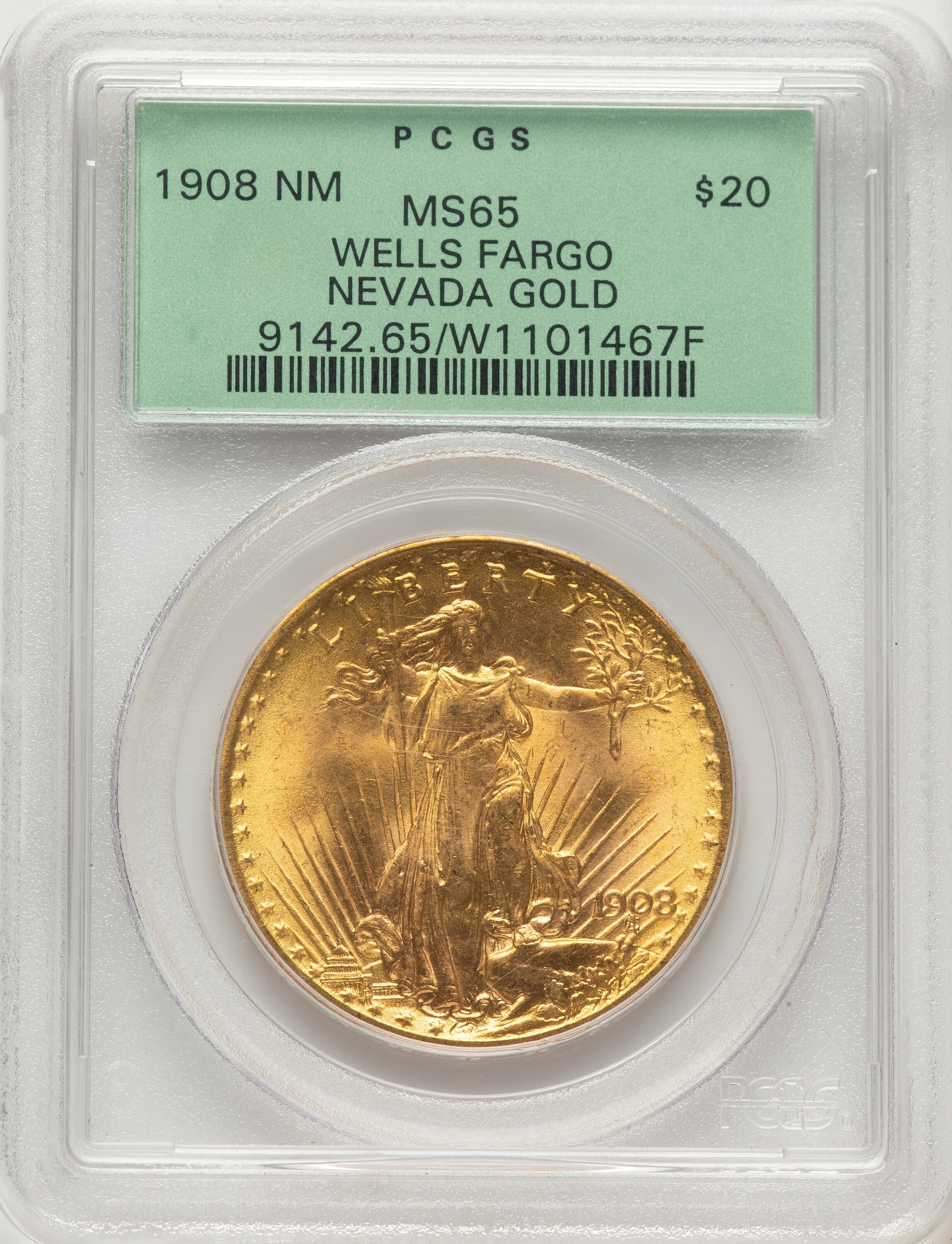 1908 $20 NO MOTTO Saint-Gaudens Double Eagle PCGS MS65