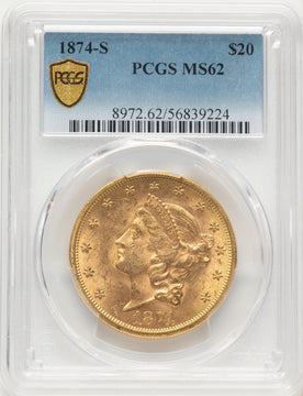 1874-S $20 Liberty Double Eagle PCGS MS62