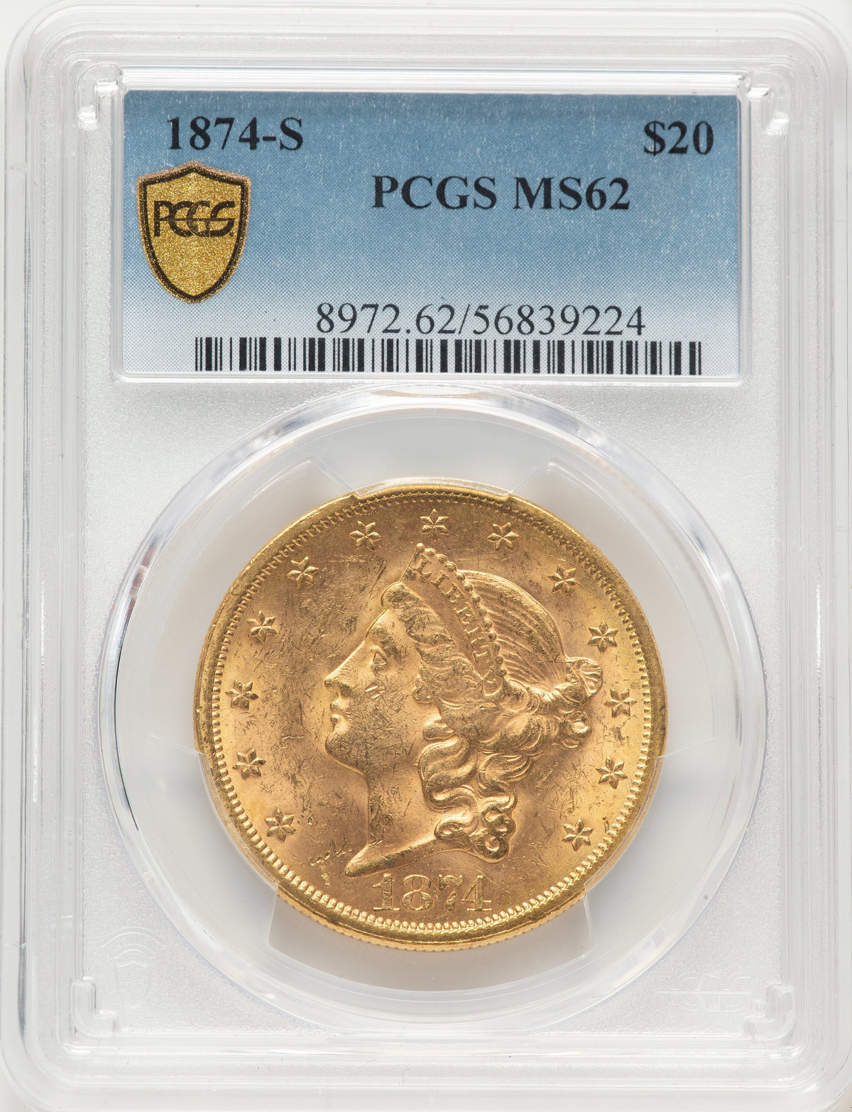1874-S $20 Liberty Double Eagle PCGS MS62