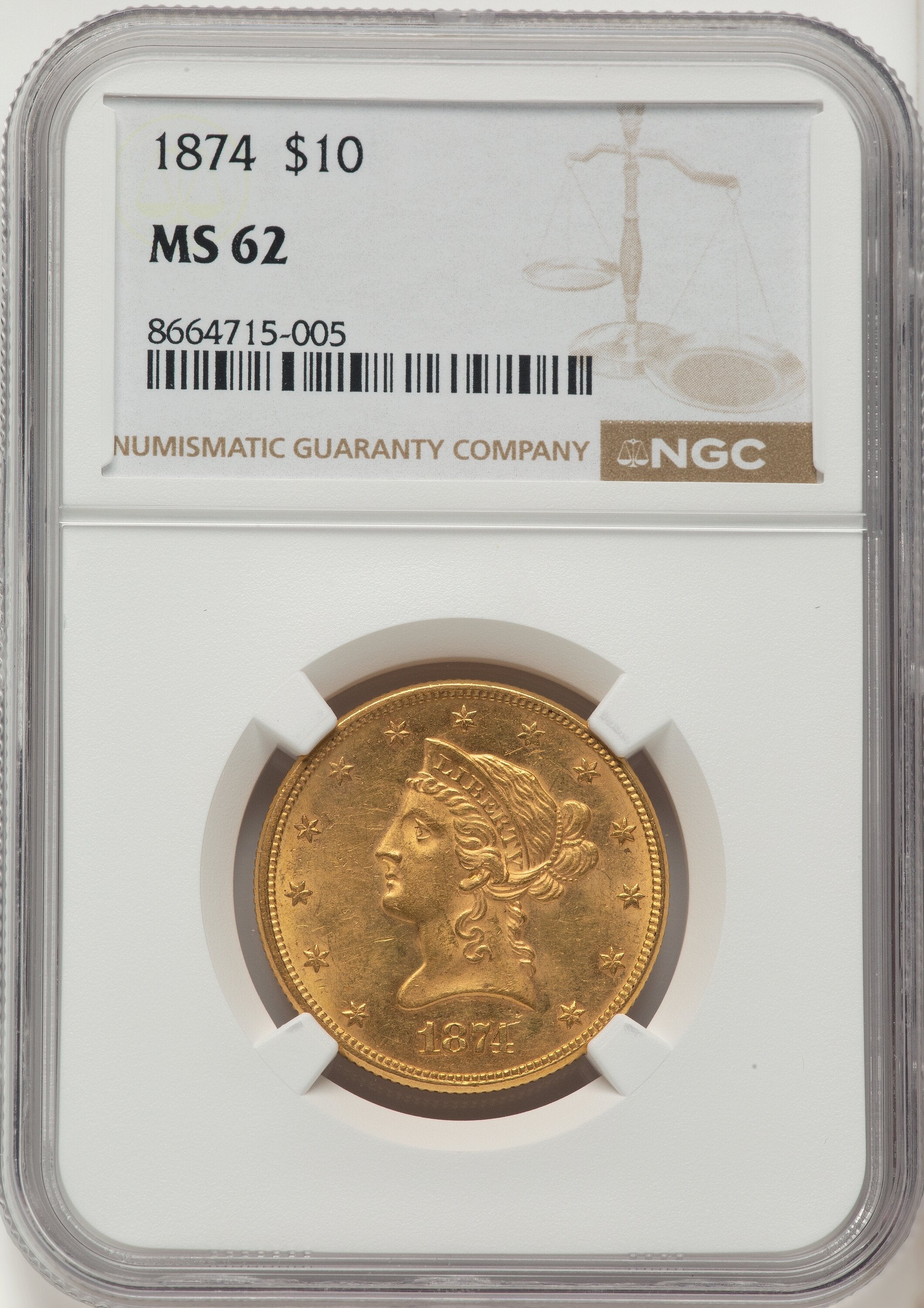 1874 $10 Liberty Eagle NGC MS62